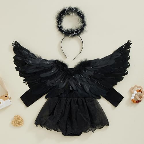 Baby Girls Rompers Dress Ruffles Long Sleeve Lace Embroidery Skirt Hem Jumpsuits Bodysuits with Halo Headband and Angel Wing4