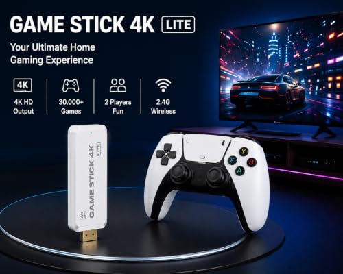 Image of HD Retro Game Stick for TV with 30,000+ Built-in Games, Wireless Dual Controllers, HDMI Plug & Play Video Game Console, 64GB TF Card Expandable to 128GB, 2 Player Gaming System for Kids & Adults