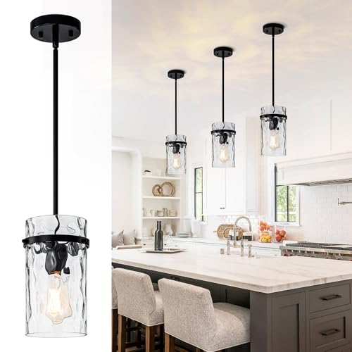 Farmhouse Black Hammered Glass Pendant Lights Kitchen Island for Foyer