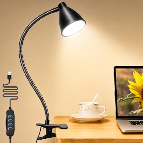 Image of Brolaviya 10W LED Reading Desk light Lamp with USB Powered, 38 LEDs, Gooseneck Clip Metal body, 3 Color Temperature Modes, 10 Dimming Brightness, Eye-Caring, Bedside Light, Workshop, Study lamp, Black