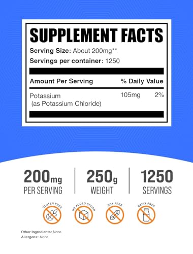 Image of BulkSupplements.com Potassium Chloride Powder - Salt Substitute, Gluten Free, 200mg per Serving, 250g (8.8 oz) (1 Pack) - Magnesium Content Included