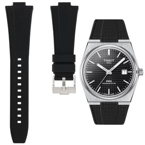 Tissot PRX Powermatic 80 Silicone Rubber Replacement Watch Straps - Compatible Watch Bands for Tissot PRS Automatic, Quartz, Chronograph 40mm - Size 12mm - For Men & Women - Quick-Release (Black, 12mm)