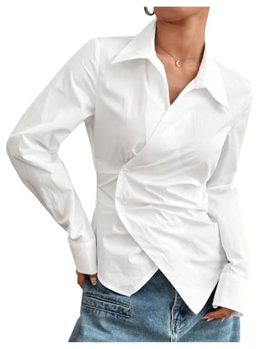 GORGLITTER Women's Wrap Asymmetrical Hem Button Up Shirt Long Sleeve Collared Blouse Tops