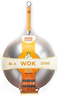 School of Wok - 14"/36cm Heavy Duty Carbon Steel Wok, Flat Bottom, Bamboo Handle