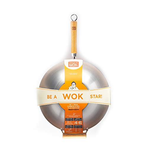 School of Wok - Wok de acero al carbono resistente de 36 cm, fondo plano, mango de bambú Cover