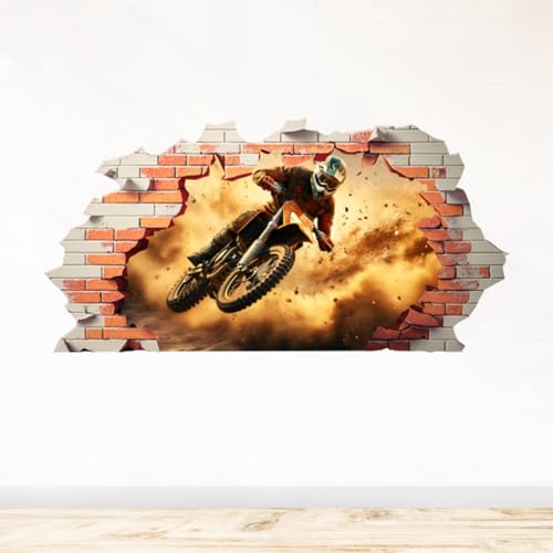 Sticker Trompe l’oeil Mur Brisé | Moto Cross adhésifs Effet 3D | Stickers muraux Chambre enfant - Sticker Mural 3D - Vue panoramique - Adhesif Mural Trompe...