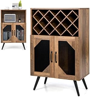 COSTWAY Sideboard with Removable Wine Rack, 2 Mesh Door Wine Cabinet with Built-in Glass Holders & Anti-Tipping Devices, Drinks Storage Cupboard Organizer for Home Kitchen (59x35x95cm, 2 Mesh Door)