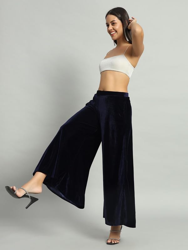 Image of Vaararo Party Trousers for Women | Shiny Velvet Fabric Wide Bottoms Stylish Palazzo Pants