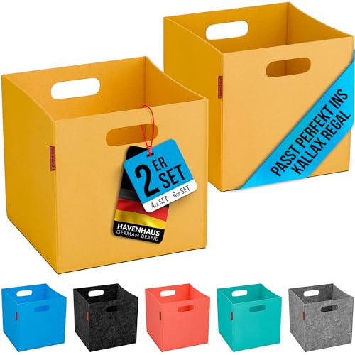 HAVENHAUS Filzkorb Aufbewahrung 2er Set senfgelb | Boxen Aufbewahrung Filz | Kallax Korb geeignet für Aufbewahrung im ganzen Haus | Aufbewahrungsbox Filz 30x30x30cm Kallax Boxen | 4mm extra stabil