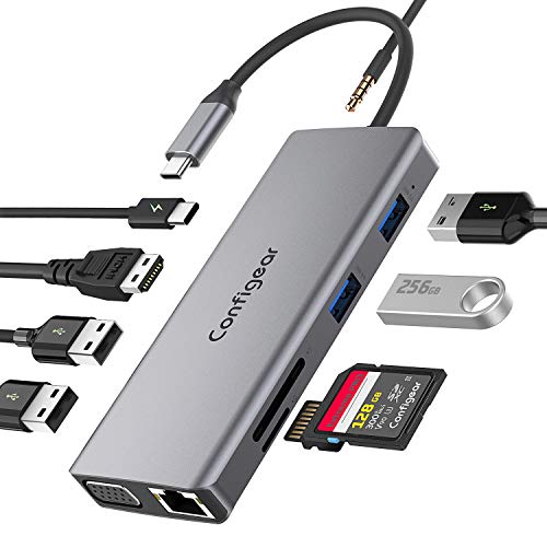 USB C Hub, Configear 11 in 1 Aluminum Dongle Docking Station with 4K HDMI,VGA,2 USB3.0,2 USB2.0 Ports,87W PD 3.0,Ethernet,SD/TF Card Reader, Audio/Mic,Compatible for MacBook Pro and Type C Devices