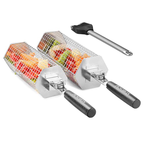 Hexagonal Rolling Grilling Basket Set, 2 PCS Stainless Steel BBQ Grill Baskets with Removable Wooden Handles, Large & Small Nestable Design for Outdoor Camping, Ideal for Vegetables, Meat & Seafood on Gas/Charcoal Grill