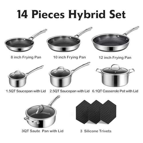 Image of SNOWCLAD Pots and Pans Set Non Stick, 14 Pcs Hybrid Stainless Steel Cookware Sets, Non Stick Frying Pans, Saucepans, Saute Pan & Stock Pot, PFOA Free Kitchen Skillet,Induction Compatible