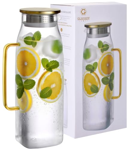 GLASKEY 2,2 litri Quadrata Caraffa in Vetro con Coperchio e Manico per il frigorifero,Caraffa in Vetro Borosilicato per Bevande Calde o fredde,Grande brocca per tè freddo,caffè,succhi di frutta