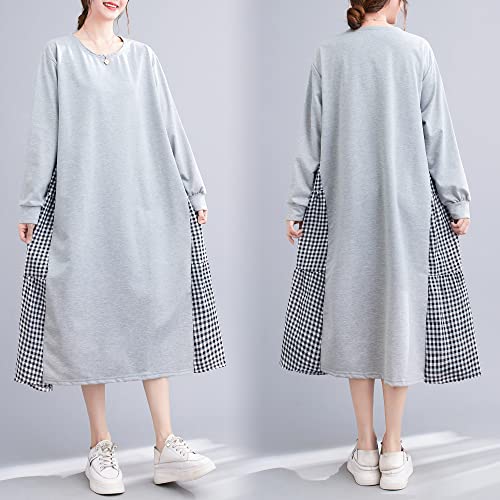 Moniss Vestido feminino moleton vestido manga longa xadrez gola redonda oversized vestido casual de