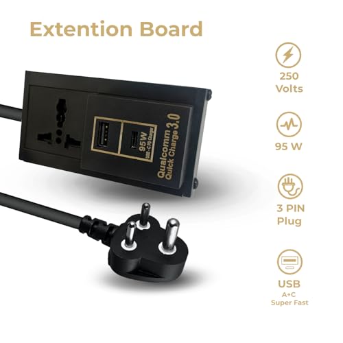 Image of MX Extension Board - Universal 3‑Pin Socket + 95 W USB‑C Power Delivery & USB‑A Port | 1.5 m Heavy‑Duty Cable | Flame‑Retardant Body, Safety Shutter, 6-13 A Rated