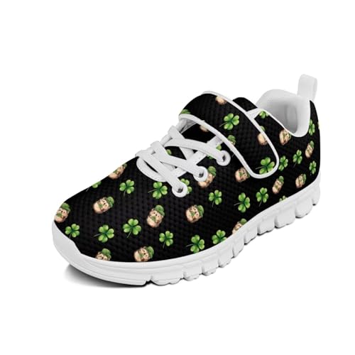 St.Patrick's Day Hedgehog Pattern Little Kid Boys Girls Lightweight Breathable Sneakers Strap Athletic Tennis Shoes for Running Walking（White Sole）