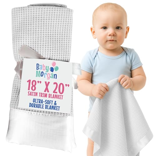 Baby Morgan - Premium Thermal Waffle Baby Blanket - Small Blanket for Newborns & Infants - Soft Mini Comfort Blankie - Ideal for Strollers, Travel and Cuddling - White, Satin Trim (18