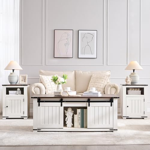 IFGET Farmhouse Furniture Set of 3, Includes 48" Lift Top Coffee Table with Sliding Groove Barn Door and Double Storage, Two Open 20" Nightstands with Charging Stations&Adjustable Shlef. Antique White