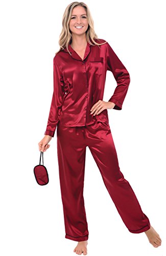 Alexander Del Rossa Women's Button Down Satin Pajama Set with Sleep Mask, Long Silky Pjs, 2X Burgundy with Black Piping (A0750BGP2X)