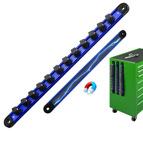 1/2-Inch Magnetic Socket Organizer Rail Aluminum Alloy Socket Rail Heavy Duty Sockets Holder with 12 Clips 360 Swivel Clip Tool Tray Sockets Organizer for Tool Box Drawer (Blue)