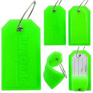 Luggage Tags – Large, Green, 5 PK – PVC Suitcase Tags w/Privacy Cover & Stainless Steel Wire Loops – Personalized Baggage Identifiers for Travel – Backpack Name Labels