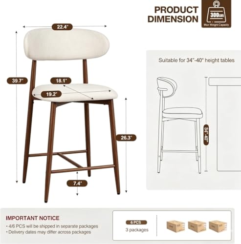 Image of AQO Counter Height Bar Stools Set of 6, Upholstered Counter Stools Modern Barstools with Metal Legs for Kitchen Island Dining Room, Walnut
