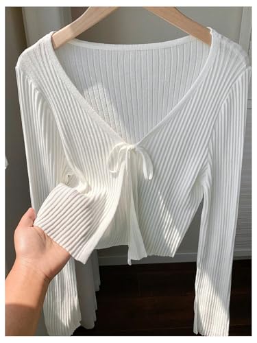 Floerns Women's Long Sleeve Lightweight Cropped Cardigan Sweaters V Neck Bow Tie Front Shrug Sweater3