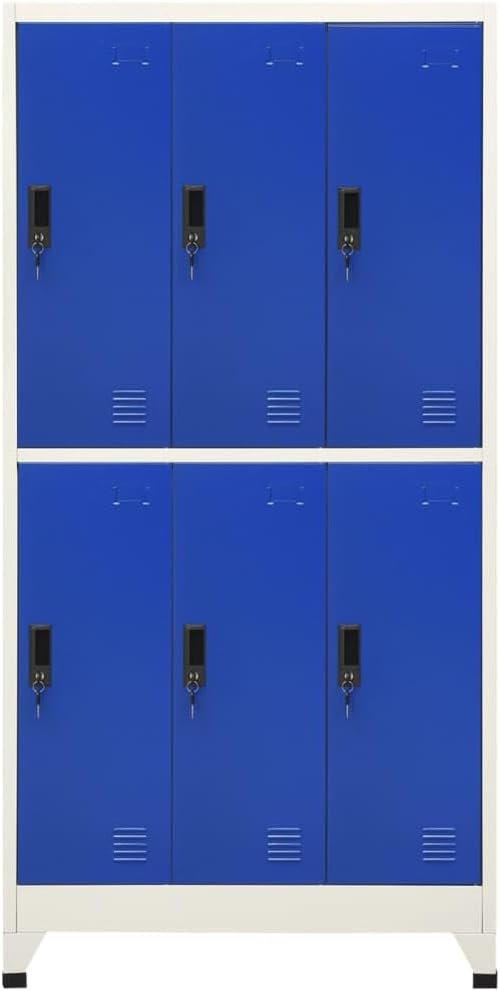 Grey and Blue Steel Medium Locker Cabinet with 6 Compartments and Secure Cam Locks for Office Locker Storage Organization