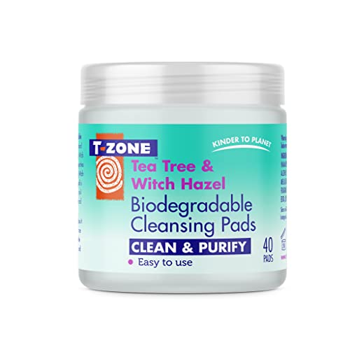 T-Zone Tea Tree & Witch Hazel Biodegradable Cleansing Pads (40 Pads), Instantly Remove Dirt, Oil & Makeup, Unclogs Pores