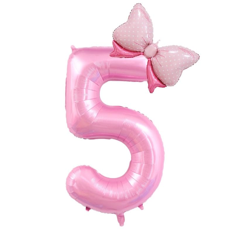 40 Inch Pink Number 5 Balloons With Mini Bow Balloons, 5th Birthday Party Decorations for Girls, Pink Theme Party Supplies, Butterfly Party