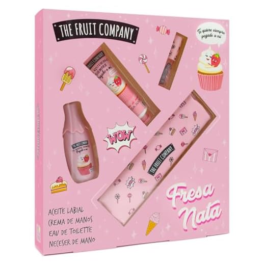 The Fruit Company Set Pack Regalo Fresa y Nata, Aceite Labial, Crema de Manos, Colonia Eau de Toilette, Neceser de Mano. Edición Navidad.