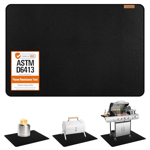 Thaktive Grill Floor Mat 48 x 30 Inch Heat-Resistant Waterproof Under Grill Protector for Deck Patio Grass BBQ Smoker Fire Pit Black