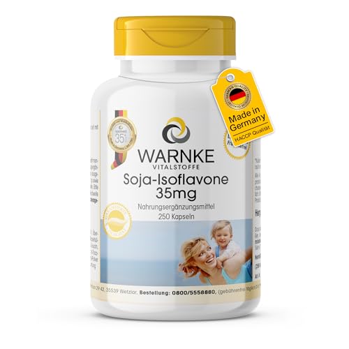 Soja Isoflavone Kapseln 35mg - 250 Kapseln - schluckfreundlich - Ohne Gentechnik - mit Vitamin E - Großpackung | Warnke Vitalstoffe - Deutsche Apothekenqualität