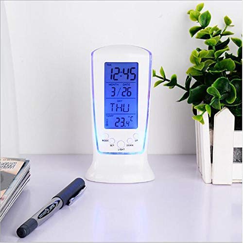 Inditradition Plastic Multi-Functional Table Desk Clock with Back-Lit LED, Alarm, Date, Temperature (White, 7x5x12 cm)
