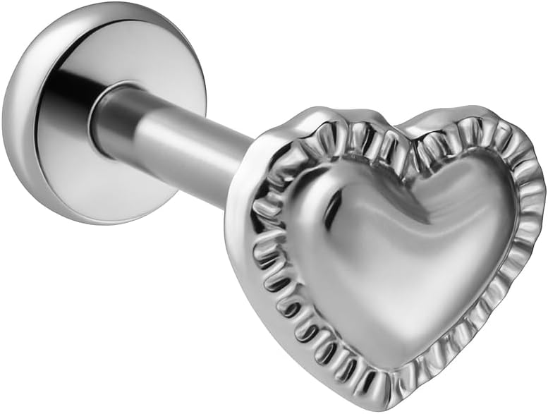 Cords Club Pillow Heart Flat Back Stud — ASTM-F136 Implant Grade Titanium - Push Pin Design for Sensitive Ears – Available in 18K PVD Gold Plated & Titanium Silver (Single Earring)