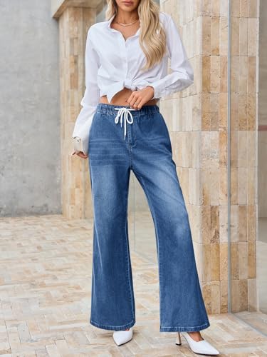Cicy Bell Womens Flare Jeans Casual Wide Leg High Elastic Waist Drawstring Vintage Denim Pants with Pockets Blue — view 3