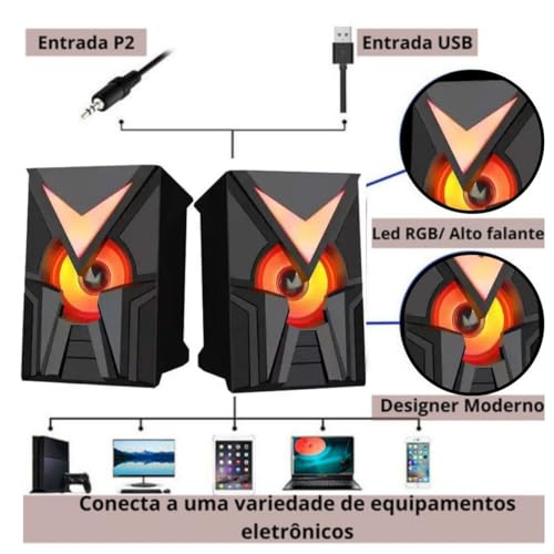 Caixa de Som Pc Computador 10W Gamer Notebook Som Estereo, cor Preto, com Usb P2 Led RGB, Alto-Falan