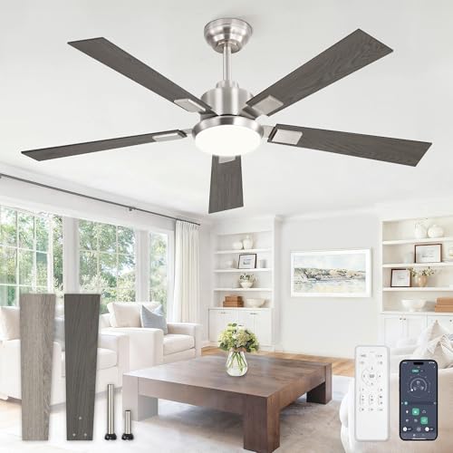 Glowivia 52 Inch Ceiling Fans with Lights and Remote&APP Control, Brushed Nickel Smart Ceiling Fan with 3000-6000K Dimmable, 6 Speeds Reversible, Indoor/Outdoor Ceiling Fan for Bedroom Living Room