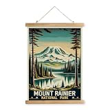 XIAOAIKA Vintage Mount Rainier National Park Travel Poster with Wooden Scroll Frame – Holiday Decoration or Gift for Living Room, Bedroom, Office Wall Decor, Retro Art Print 16 x 23 Inches