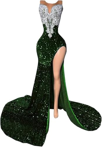 Glitter Sequin Beaded Applique Split Pageant Gala Mermaid Evening Prom Dress Party Gown