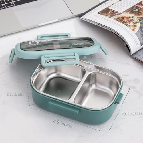 Miniatura 5 de Lille Home 850ml De Acero Inoxidable A Prueba De Plomo 2 Compartimentos Contenedor De Alimentos Con Bolsa De Almuerzo Y Cubiertos, Sin Bpa Verde