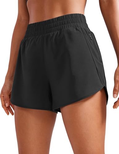 CRZ YOGA Women's High Waist Dolphin Running Shorts - 3'' Mesh Liner Quick Dry Athletic Gym Workout Shorts with Zipper Pocket