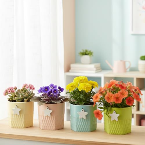 Image of Xtore Playful Textured Ceramic Planter Set of 4 with Star Accent | Colorful Indoor Pots for Desk, Kids Room & Shelf Decor (Pack of 4, Planter only)