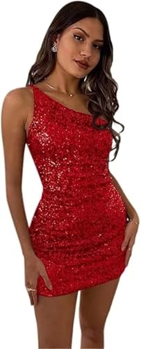 Image of Women's Bodycon Homecoming Dress for Juniors Sequin One Shoulder Backless Mini Cocktail Party Dress