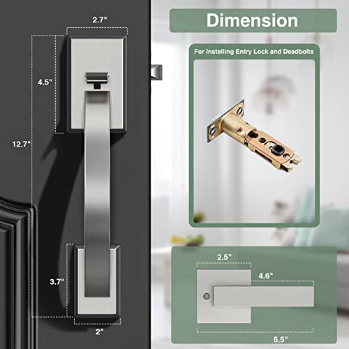 Image of Front Door Handle Satin Nickel Adjustable, Heavy 12.7in Exterior Entry Knob, Silver, Reversible