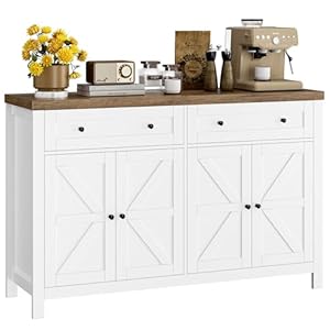 HOSTACK 55″ Buffet Sideboard Cabinet with Storage, Modern Farmhouse Coffee Bar Cabinet with Drawers and Shelves, Barn Doors Storage Cabinet for Kitchen, Living Room, White