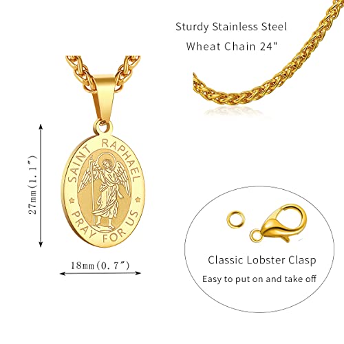 P. BLAKE Oval Saint Christopher/Michael/Joseph/Jude/Virgin Mary/Joseph/Francis/Patrick/Anthony/Benedict/Thomas Necklace for Men Women, Stainless Steel Catholic Patron Pendant with Chain 24 Inches