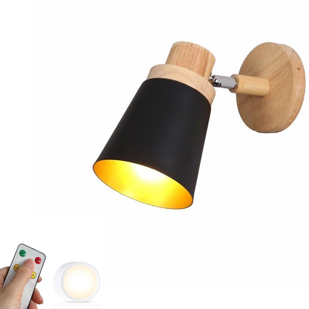 ZVALIEVYE Modern Battery Operated Wall Sconce with Wood Industrial Remote Control Wireless Wall Sconce Light USB Rechargeable Cordless Wall Mounted Lamp for Bedside Bedroom Headboard/Black
