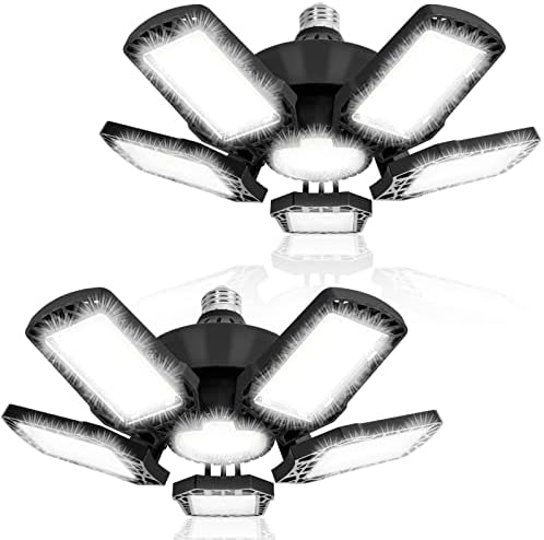 FBIRUNYI LED Garage Lights 2 Pack, LED Garage Ceiling Light Shop Lights with 5+1 Multi-Position Panels for Garage Workshop Basement Support E26/E27 Screw Socket