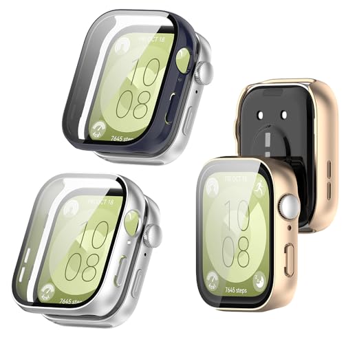 ISRcnst Smartwatch Case Compatible for Huawei Watch Fit 3 Screen Protector, PC Hard Ultra Bright Tempered Glass One Piece Full Screen Protective Cases (Pack of 3)